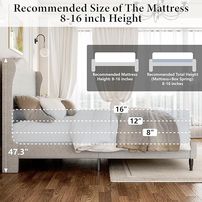Queen Bed Frame with Headboard, Upholstered Platform Bed with Tall Wingback Headboard, Sturdy Wood Slats Support, Easy Assembly No Box Spring Needed, Modern Style Bed for Bedroom, Beige