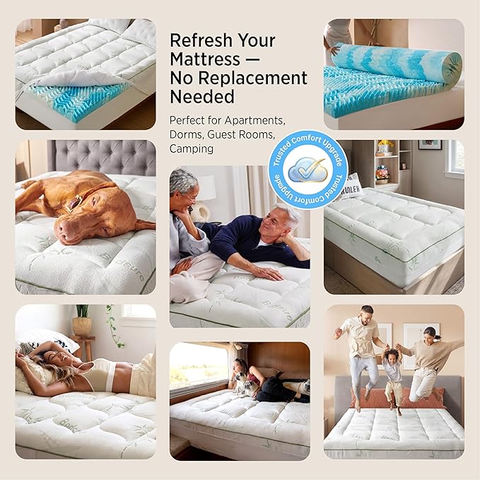 Bedsure Dual-Layer 5 Inch Memory Foam Mattress Topper Twin XL, 3 Inch Memory Foam + 2 Inch Viscose Made from Bamboo Mattress Topper Pad Cover, Flippable Memory Foam with Dual Comfort, White