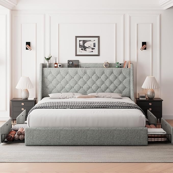 Feonase King Size Bed Frame with 4 Storage Drawers, Storage Bed with Charging Station, Tufted Wingback Headboard, No Box Spring Needed, Light Grey