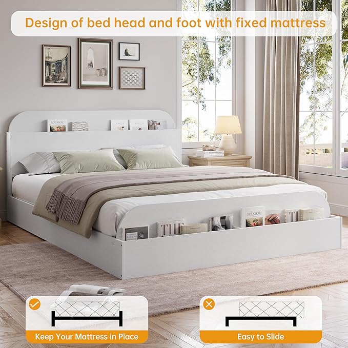 GarveeHome Full Size Bed Frame, Wooden Beds with Storage Headboard and Raised-Foodboard, Full-Floor Low Platform Bed for Bedroom, Sturdy Wooden Slats Support, No Box Spring Needed, White