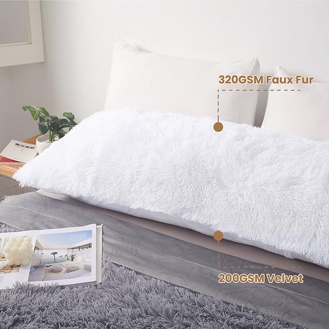 MEGO Luxury Fluffy Body Pillow Cover, 20x54 Shaggy Faux Fur Body Pillow Case, White Soft Plush Fuzzy Body Pillowcase, Decorative Furry Long Bed Pillow with Zipper Closure Hug Pillow for Bedroom White