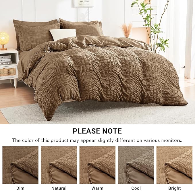 HYMOKEGE Brown Queen Comforter Set Seersucker 7 Pieces, All Season Luxury Bed in a Bag Queen for Bedroom, Bedding Set with Comforter, Sheets, Pillowcases & Shams
