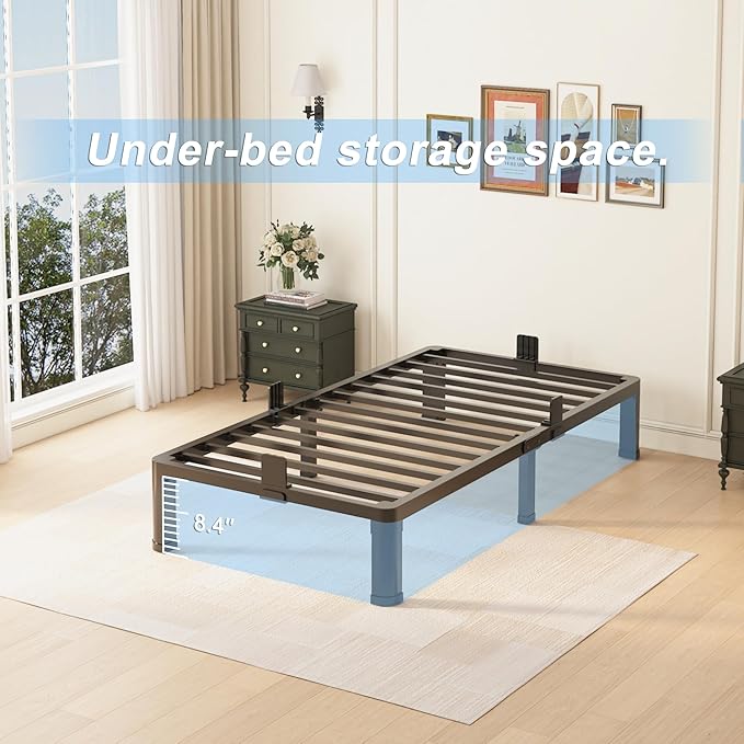 Yitong Angel 10 inch Twin Bed Frame with Round Corner Legs Mattress Slide Stopper,Low Profile Heavy Duty Metal Platform,No Box Spring Needed,Steel Slat Support,Easy Assembly,Noise Free