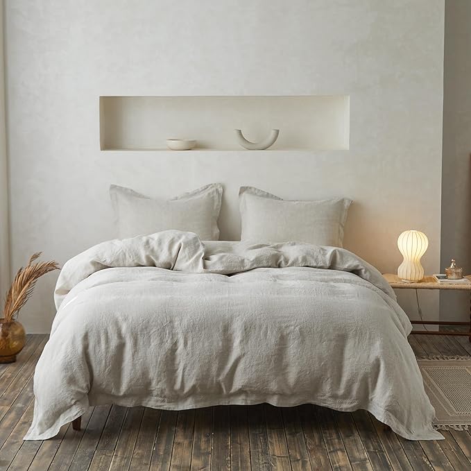 Simple&Opulence 100% Linen Duvet Cover Set with Crossed Embroidery Washed - 3 Pieces (1 Duvet Cover with 2 Pillow Shams) Soft Breathable Farmhouse - Linen, Queen Size