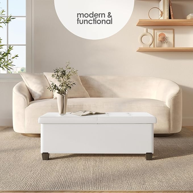 Storage Ottoman Bench with Bins, 43-in Storage Bench for Bedroom End of Bed, Folding Foot Rest Ottoman for Living Room Max 660lbs, Faux Leather Ottomans, Cream