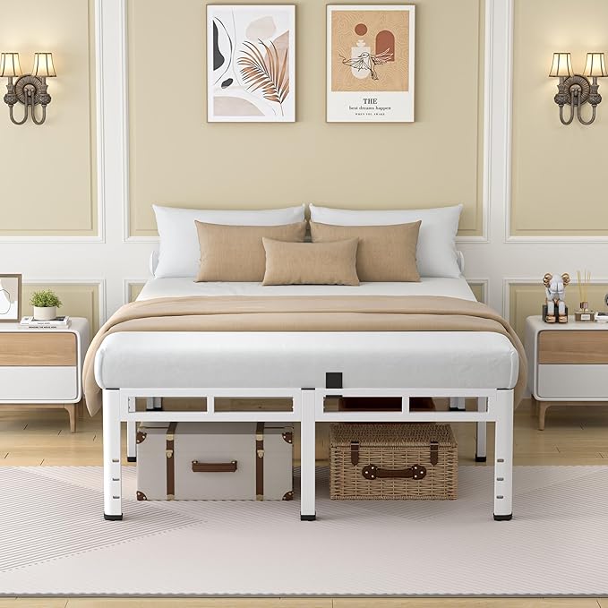 NKZ 22 Inch Full Size Bed Frame, Metal Bed Frame & Box Spring 2 in 1 Platform with Round Corner Legs, 4000Lbs Heavy Duty Metal Frame, Mattress Slide Stopper, Headboard Hole, Noise-Free, Easy Assembly