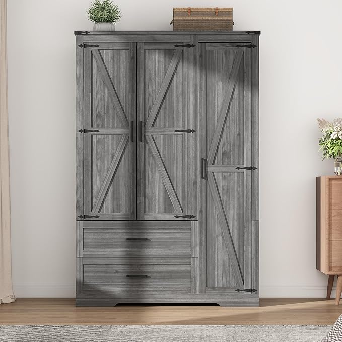 Hlivelood 3 Doors Wardrobe Armoire Closet with Doors and Drawers, Farmhouse Wooden Armoire Storage Cabinet with Shelves & Hanging Rod for Bedroom, Grey