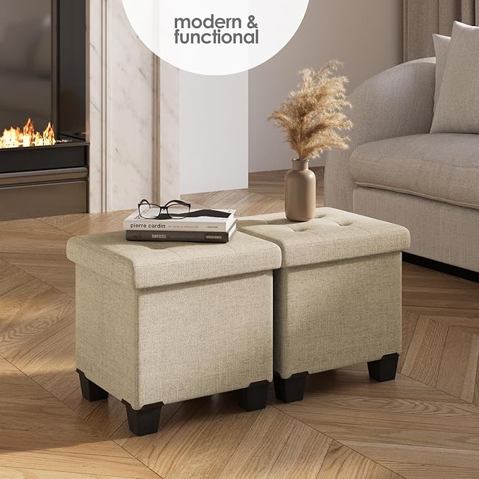 Storage Ottoman Cube with Small Bin, 15-in Square Ottoman with Storage for Living Room and Bedroom, Small Ottomans Foot Rest, Fabric Foot Stools Ottomans Max 330lbs, Beige