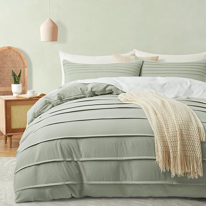 Oli Anderson Mist Sage Duvet Cover Queen Size - Pleated Queen Duvet Cover, 3PCS Soft and Breathable Textured Bedding Set with Zipper Closure(Mist Sage,90"x90")
