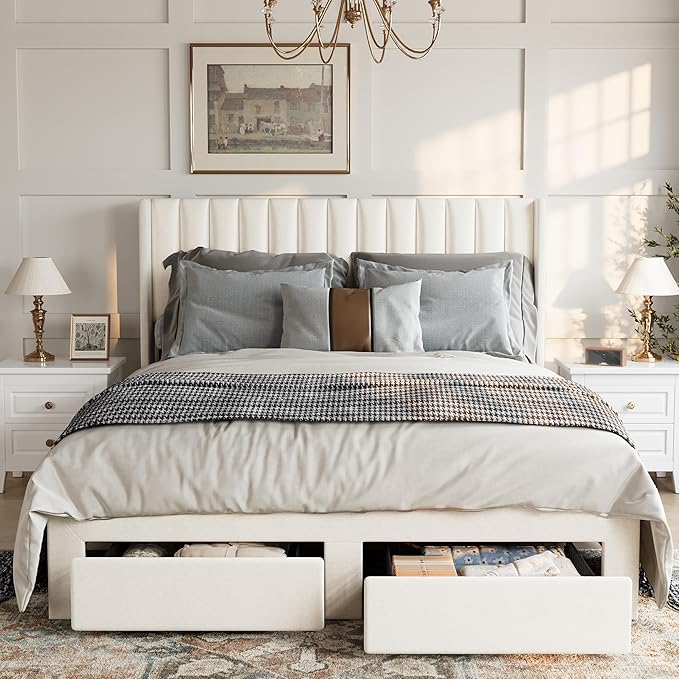 GarveeHome King Size Bed Frame, Bed Frame Upholstered Platform Bed with Velvet Headboard, Wing Edge Design, 2 Storage Drawers, No Box Spring Needed, White