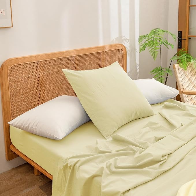 BESTOUCH 100% Washed Cotton Pillowcase for Hair and Skin Linen Feel Soft Comfortable Breathable 2 Set Pillow Case with Envelope Closure Solid Light Yellow Euro 26x26 Inches