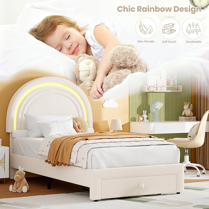 GarveeHome Twin Upholstered LED Bed Frame - with Storage Drawer and Rainbow Headboard, Berber Fleece Princess Platform Bed for Kids, Solid Wood Slat Support, No Box Spring Needed, Easy Assembly, Beige