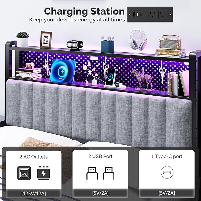 VINGLI King Size Headboard Only, Adjustable Upholstered Headboard with 2 Tier Shelves and Pegboard with Charging Stations and LED Lights, Modern Bed Headboard with Storage for Bedroom Decor