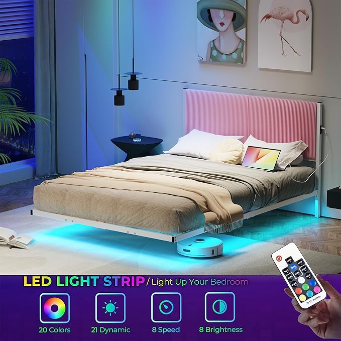 Full Size Floating Bed Frame with LED Lights & USB Charging Station,Metal Bed Frame Full Size with Upholstered Headboard,Platform Mattress Foundation,No Box Spring Needed,Easy Assembly,Pink