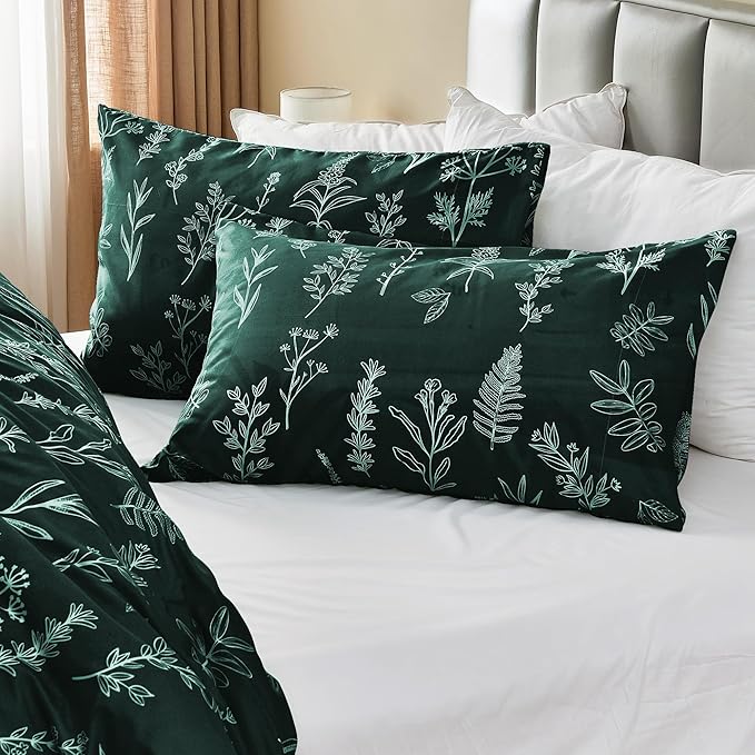 MUXHOMO Duvet Cover Queen Size, Reversible Floral Forest Green Duvet Cover Set with Zipper Closure, 3 Pieces Botanical Patterns Soft Microfiber Bedding Set with 4 Ties (90"x90", 2 Pillow Cases)
