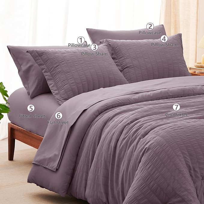 CozyLux Oversized Queen Comforter Set Dusty Purple Seersucker 7 Pieces 98x98 Bed in a Bag Comforter Set with Sheets, Grayish Purple Bedding Set Down Alternative Comforter, Sheets, Pillowcases & Shams