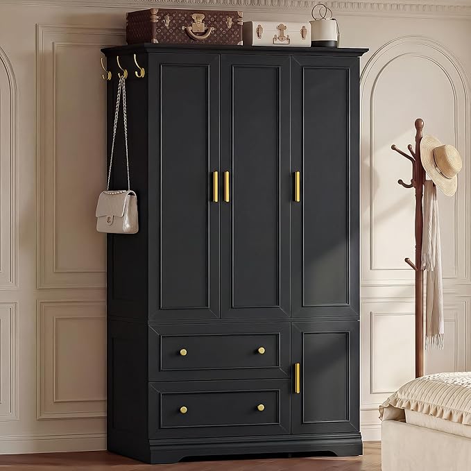 YESHOMY Armoire Wardrobe Closet with Drawers, 70.9" H x 21.1" D Wooden Closet with Hanging Rod, Fixed Shelves & Bottom Cabinet, Soft-Close Doors, Ball-Bearing Slides (Black)