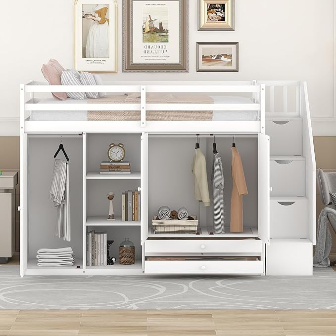 Twin Loft Bed With Stairs and Storage, Wood Frame With 2 Wardrobes, Drawers, Shelves, and Staircase for Kids Teens Adults, White