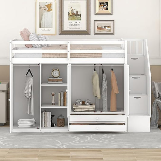 Twin Loft Bed With Stairs and Storage, Wood Frame With 2 Wardrobes, Drawers, Shelves, and Staircase for Kids Teens Adults, White