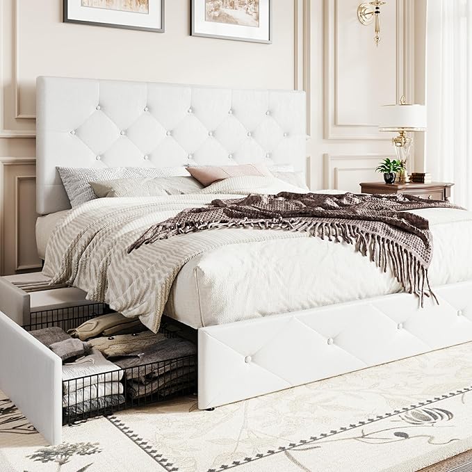 SHA CERLIN Upholstered Full Platform Storage Bed Frame with 4 Drawers, Adjustable Headboard with Faux Leather Diamond Button Tufted Design, Wooden Slat Support, No Box Spring Needed, White