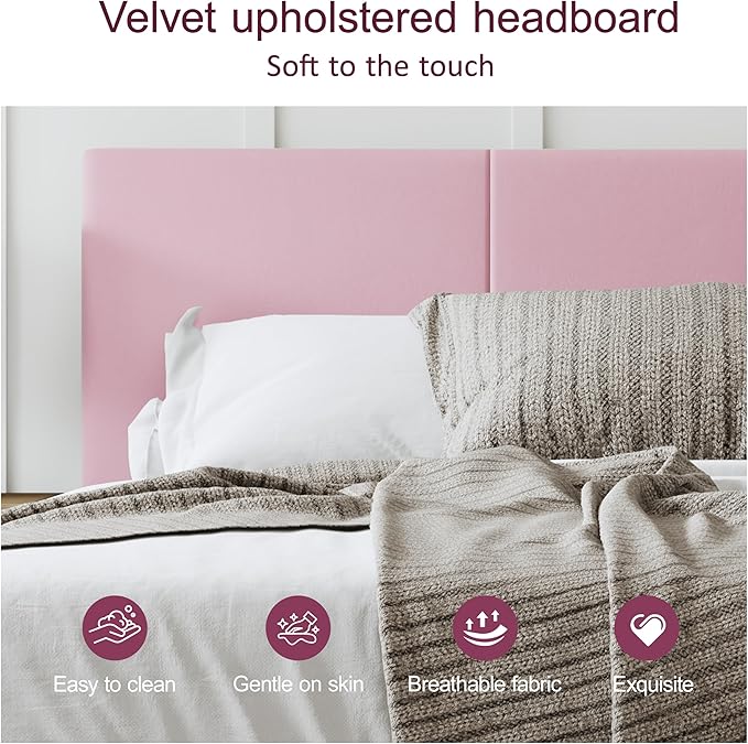 Full Size Bed Frame with Headboard, Velvet Upholstered Platform Bed Frame, Sturdy Slatted Support for Springless Mattresses, Silent Operation, Easy to Assemble, Pink