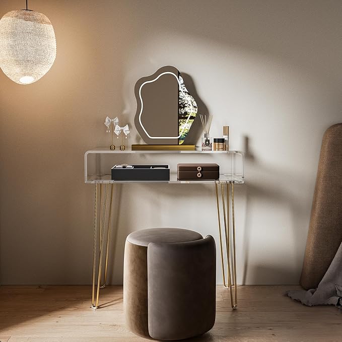 Eglaf Acrylic Vanity Desk - Small Makeup Vanity Table - Dressing Table for Bedroom, Dressing Room, Large Storage Space, 31.5'' L x 15.7'' W x 32.1'' H, Gold Metal Legs