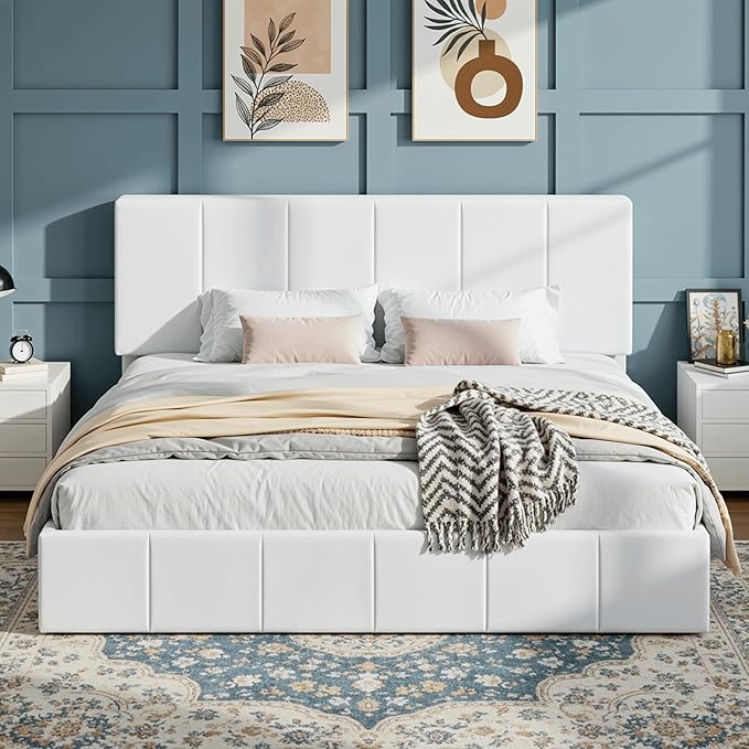 SHA CERLIN King Size Bed Frame, Velvet Upholstered Platform Bed, Vertical Channel Tufted Adjustable Headboard, Low Profile Bed Frame, No Box Spring Needed, Easy Assembly, White
