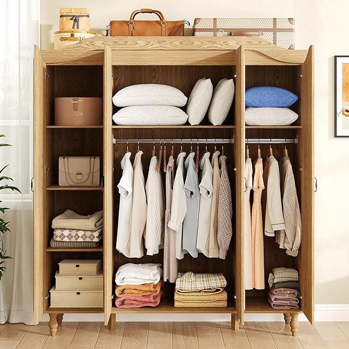 Arched Armoire Wardrobe Closet with 4 Doors, 71" H Wooden Large Capacity Wardrobe Cabinet with 2 Hanging Rods and 8 Shelves, Freestanding Armoire Storage Cabinet for Bedroom, Cloak Room, Natural