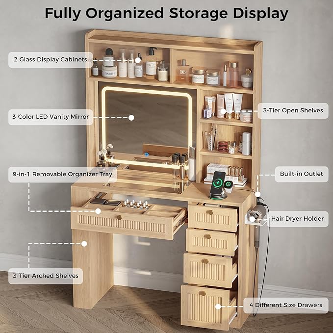 IRONCK Makeup Vanity with LED Lighted Mirror, 3-Color Dimmable Dresser with Mirror with Glass Top Drawers & Charging Station & Hair Dryer Holder, 63" H Dressing Table with 4 Drawers & Open Shelves
