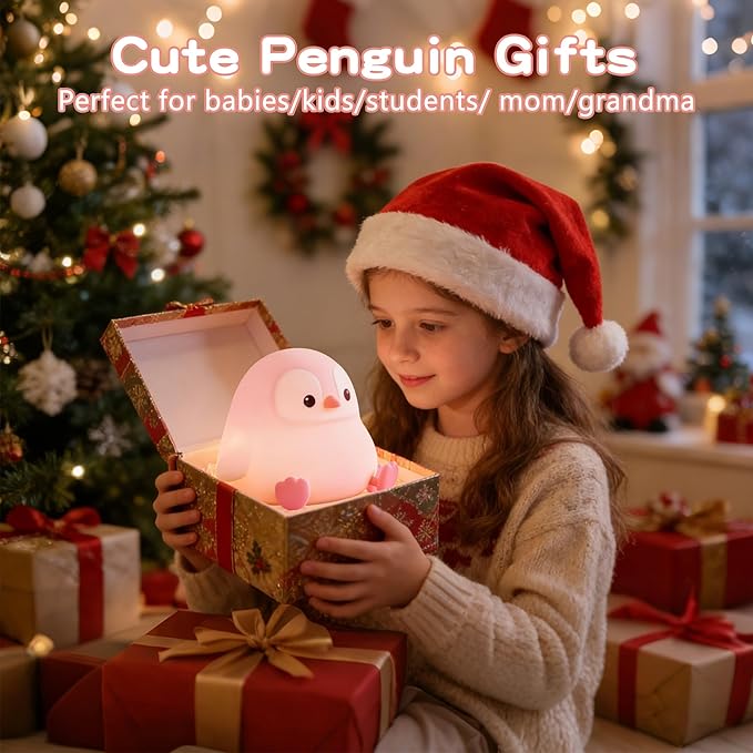 Penguin Night Light for Kids,Cute Pink Penguin Lamp,Soft Silicone Nursery Night Light,LED Squishy Novelty Animal Bedside Lamp,Rechargeable/Dimmable/Timer,Room Deco,Christmas Gifts for Mom Girls Baby