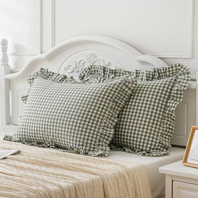 2 Pack Sage Green White Plaid Ruffle Pillow Shams Standard Size 20x26 inches, 100% Cotton Gingham Checkered Farmhouse Pillowcases for Bed/Sofa (20x26 inches, Sage Green/White Plaid)