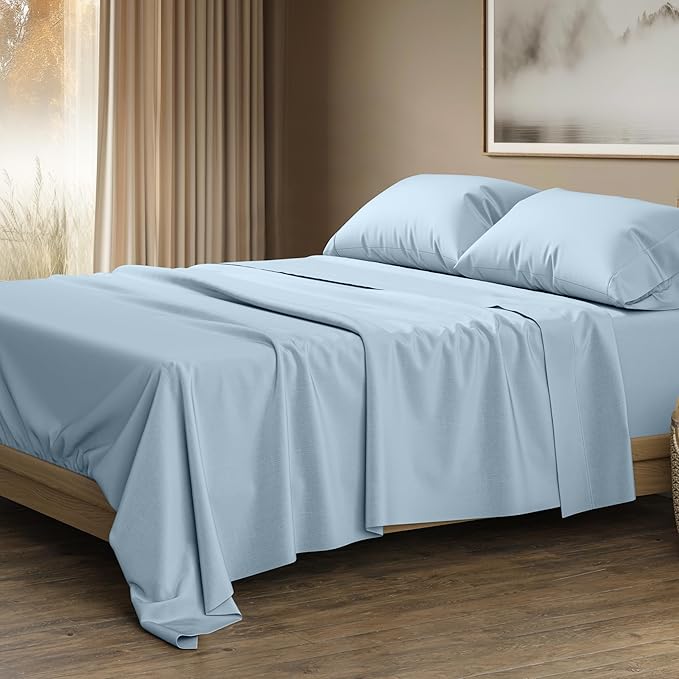 THREAD SPREAD 100% Egyptian Cotton Sheets Queen Size - Luxury 1500 Series Queen Sheet Set Egyptian Cotton (4 PC, Light Blue), Silky Soft, Sateen Weave, Cooling & Breathable, 17" Deep Pocket Bed Set