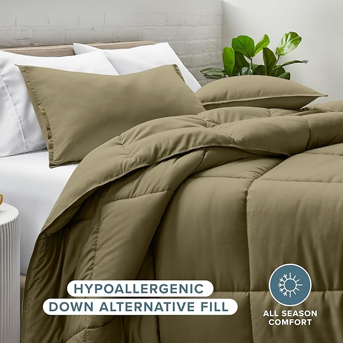 Bare Home Comforter Set - Queen Size - Ultra-Soft - Goose Down Alternative - Premium 1800 Series - All Season Warmth (Queen, Olive)