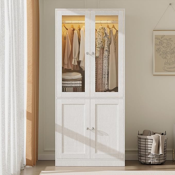 VOWNER 75" Tall Armoire Wardrobe Closet with Drawers & Lights, Clothing Storage Cabinet with 2 Glass Doors & Hanging Rod, Wooden Armoire Storage Cabinet for Bedroom (White Oak, 2 Doors)