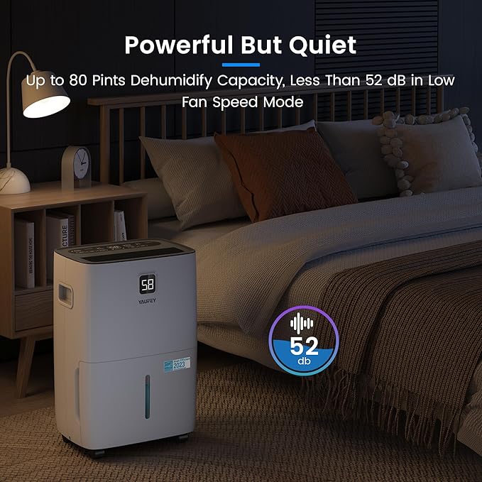 Yaufey 5000 Sq. Ft. Energy Star Certified Dehumidifier, Max 80 Pints Dehumidifier for Basement with Drain Hose, Smart Compressor with Intelligent Humidity Control, Dehumidifiers for Home Bedroom