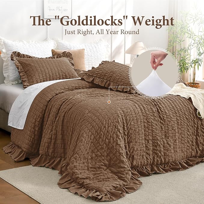 JOLLYVOGUE Twin Size Comforter Set, 2 Pieces Oak Brown Seersucker Lightweight Fluffy Bedding Set, Twin Ruffle Comforter, All Season Soft Microfiber Shabby Chic Bed Set
