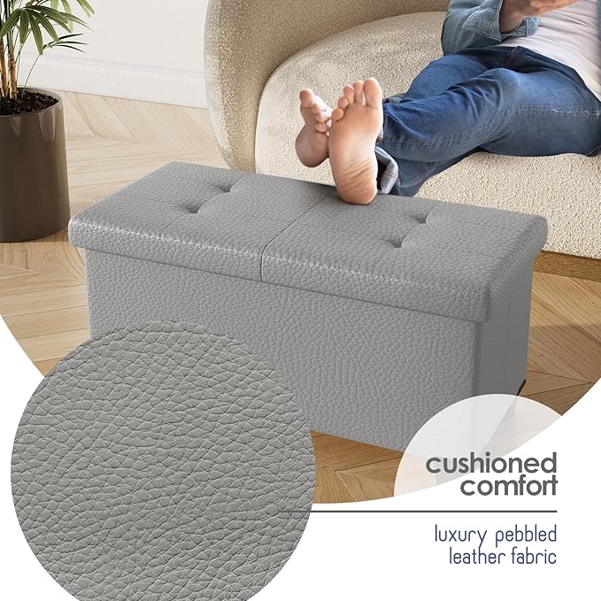 Storage Ottoman Bench with Bins, 30-in Storage Bench for Bedroom End of Bed, Folding Foot Rest Ottoman for Living Room Max 660lbs, Leather Ottomans, Light Grey