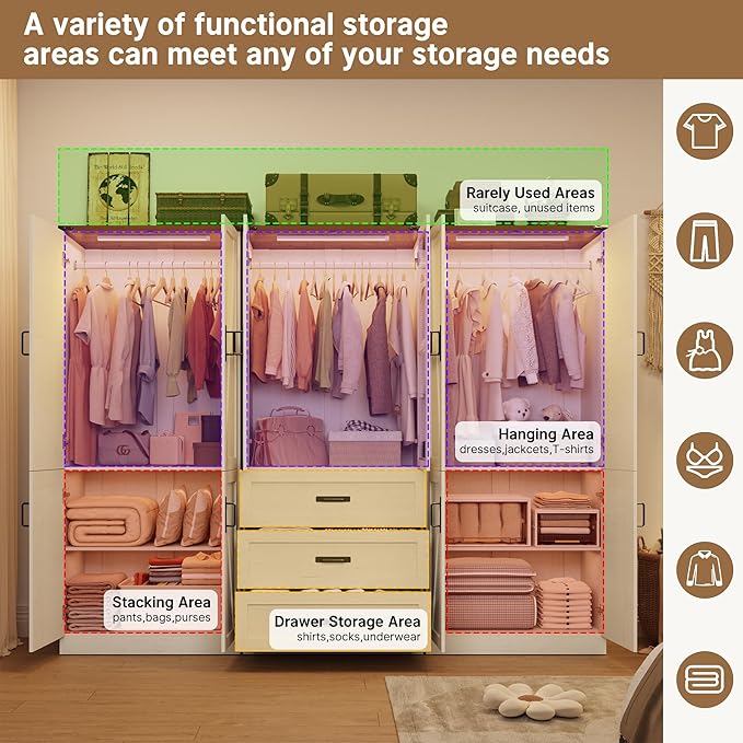75" Tall Farmhouse 6 Doors Armoire Wardrobe Closet with 3 Drawers and LED,Freestanding Closet Wardrobe Cabinet for Bedroom with Hanging Rod,Wooden Armoire Storage Cabinet(Rustic Off White 6 Doors 1)
