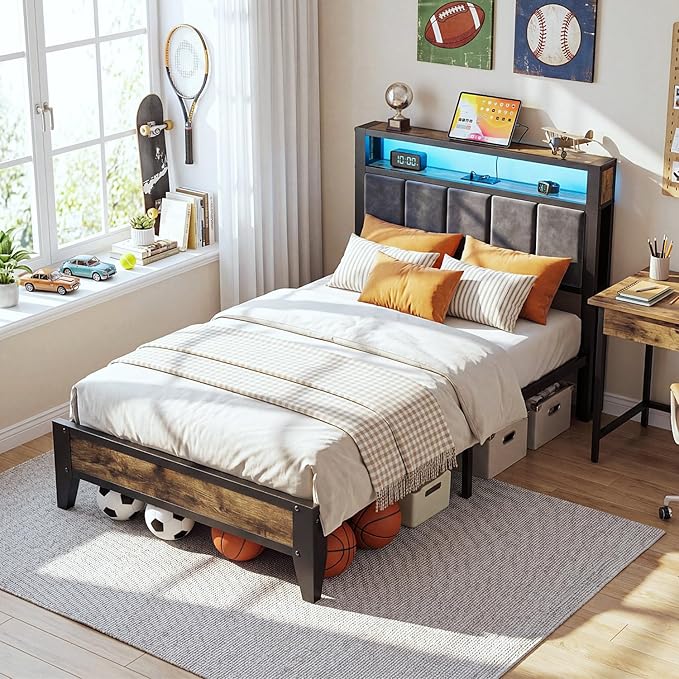 OLEVS Twin Bed Frame with LED Light Storage Headboard and Charging Station Type C, Metal Platform Bed Twin Size,No Box Spring Needed, Noise Free, Easy Assembly