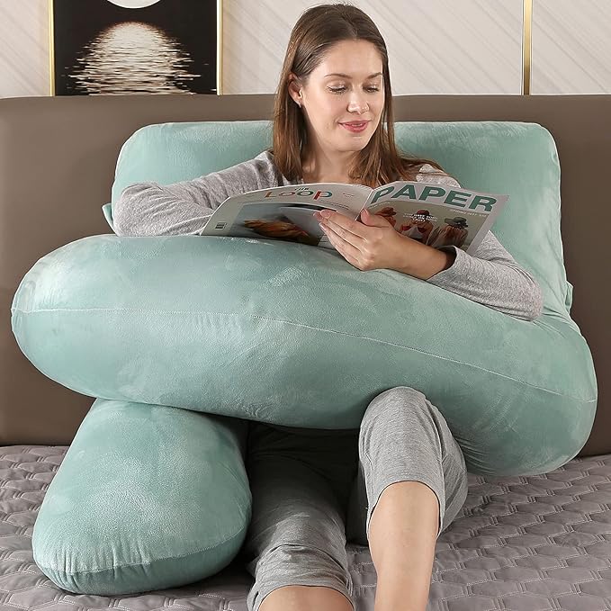 U-Shaped Full Body Pregnancy Pillow for Sleeping – 57" Maternity Pillow with Removable Cover, Support for Back, Legs, Belly & Hips (Velvet-Green)