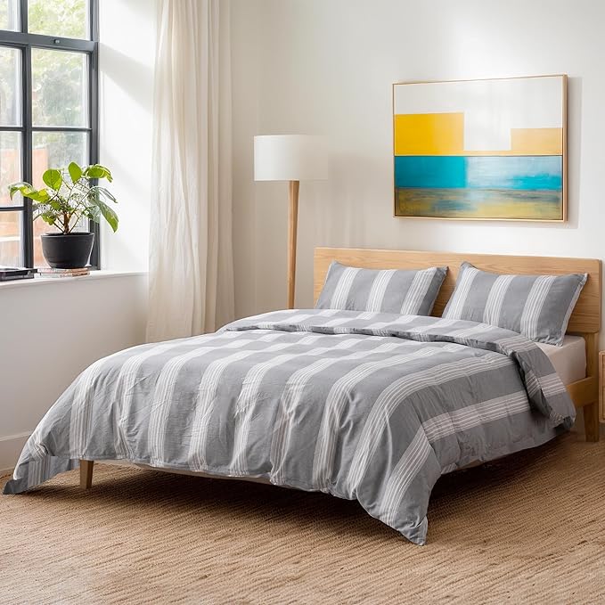 TOCOMOA Striped Duvet Cover Set 100% Natural Cotton Soft Comfy Breathable 3 Piece Light Grey and White Pattern Printed Comforter Cover Bedding Set (Queen 90"x90", Comforter Not Included)