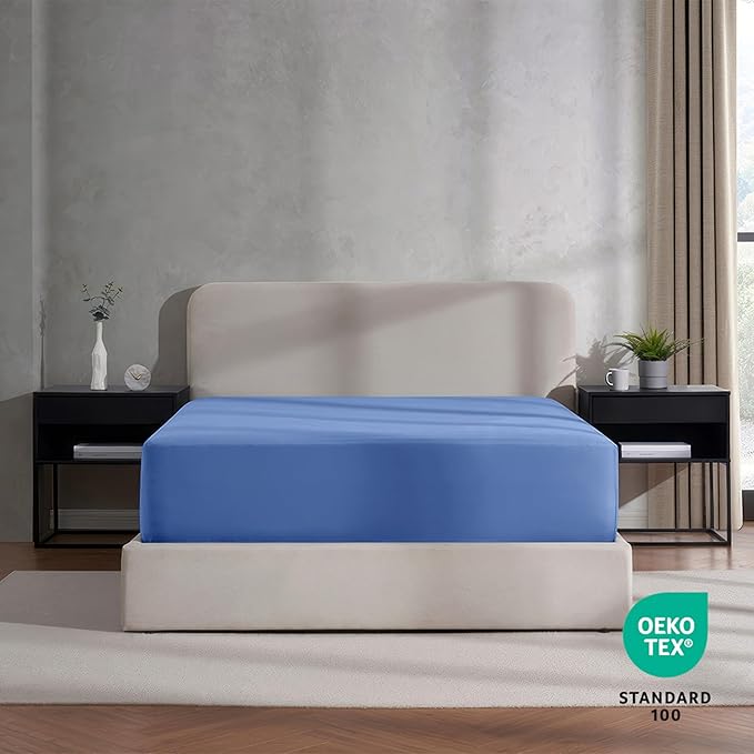 Nestl Calm Blue California King Fitted Sheet Extra Deep Pocket, Hotel Luxury Cal King Fitted Sheet Only Easily Fits 18 to 24 Inch Mattress, Super Soft, Wrinkle-Free, and Breathable with Corner Straps
