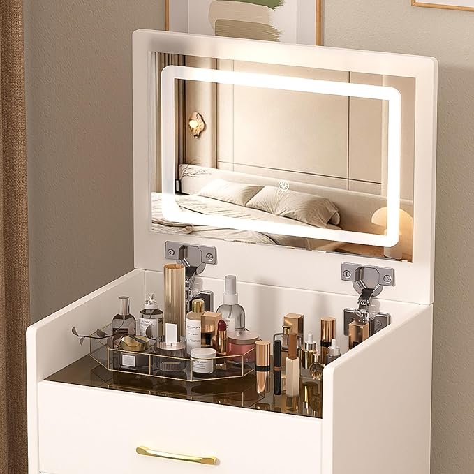 Small Makeup Vanity Desk with Flip Top Lighted Mirror, 3-in-1 Nightstand Vanity Combo with Visible Glass Desktop, Compact Dressing Table with Storage Stool & 3 Drawers for Small Bedroom, White
