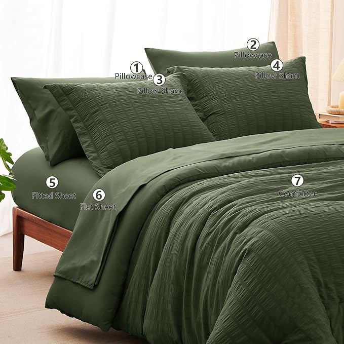 CozyLux Full Size Comforter Sets with Sheets 7 Pieces, Olive Green Seersucker Bed in a Bag Textured Luxury Soft Bedding Sets with Down Alternative Comforter, Sheets, Pillowcases & Shams for All Season
