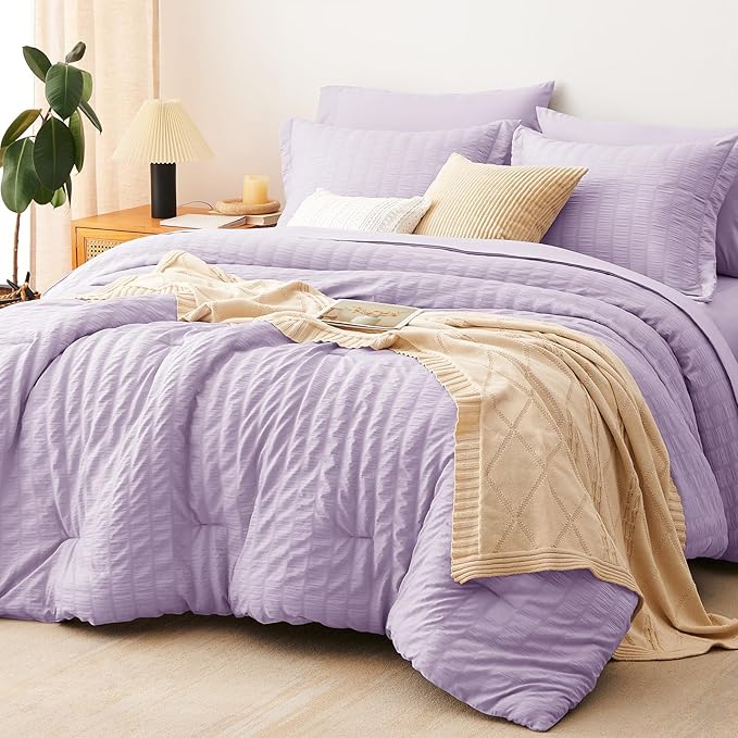 CozyLux King Size Comforter Set Light Purple Seersucker 7 Pieces Bed in a Bag King Comforter Set with Sheets, Lavender Bedding Sets with Down Alternative Comforter, Sheets, Pillowcases & Shams
