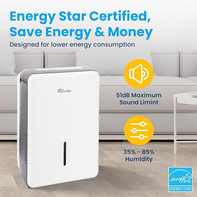 Senville 20 Pint Dehumidifier, Energy Star Certified, Washable Filter, Ideal for Basements, Bedroom, Living Space, Energy Star, Washable Filter, Up to 1,500 Sq. Ft., White