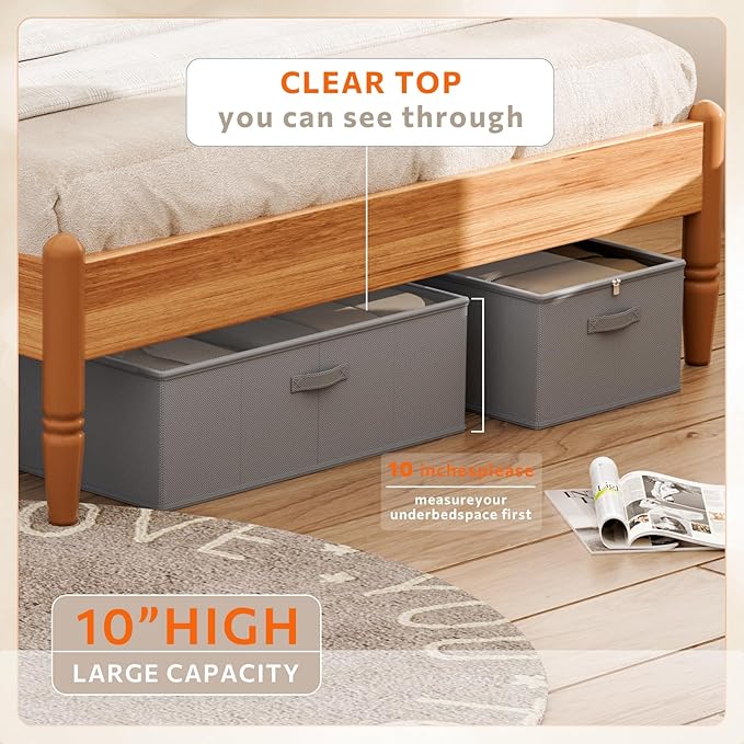 2 Pack Under Bed Storage Containers, 10 Inch Tall Underbed Clothes Storage Organizer Bin with Clear Window，Foldable Box Basket for Clothes, Closet, Bed Sheets and Blankets Gray