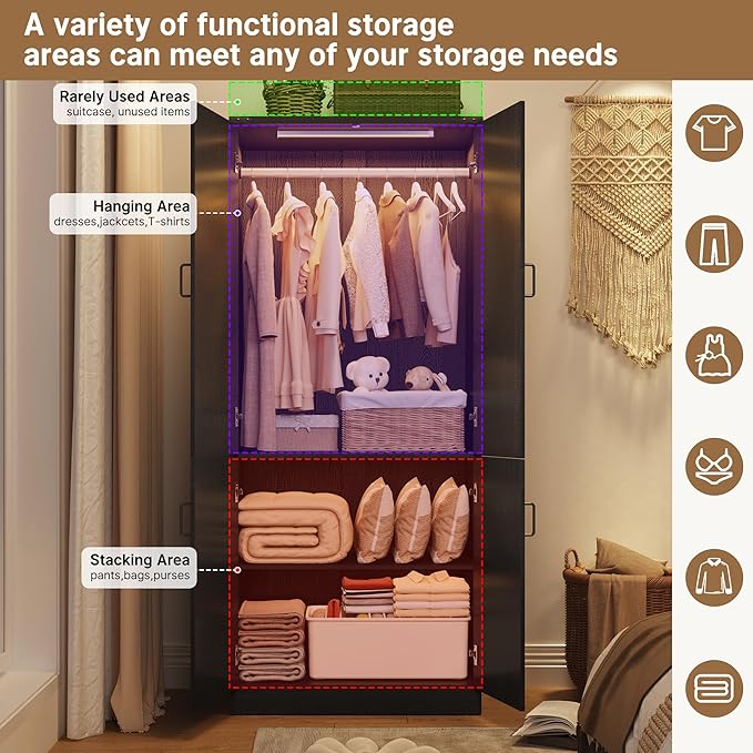 Hlivelood 75" Tall Farmhouse 2 Doors Armoire Wardrobe Closet with LED,Freestanding Closet Wardrobe Cabinet for Bedroom with Hanging Rod,Wooden Armoire Storage Cabinet with Adjustable Shelves(Black)