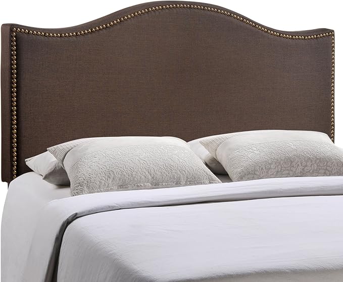 Modway Curl Upholstered Linen Fabric Queen Headboard Size With Nailhead Trim and Curved Shape in Dark Brown Fabric