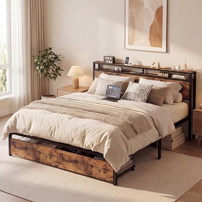 LIKIMIO King Size Bed Frame with Storage Headboard, Platform King Bed with 2 Drawers and Charging Station, Heavy-Duty Metal Slats, No Box Spring Needed, Easy Assembly, Retro Brown
